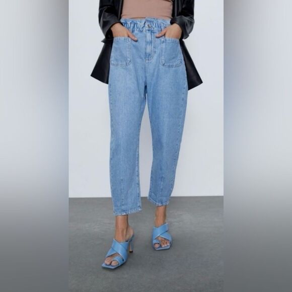 Zara Denim - Zara Baggy Paperbag jeans with front patch pockets size 6